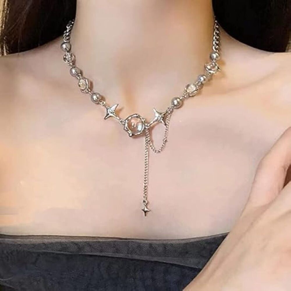 Silver Moonstone Star Charm Choker Necklace – Celestial Beaded Chain Jewelry